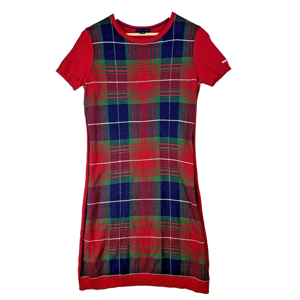 Tommy Hilfiger Red Plaid Short Sleeve Cotton Knit Sweater Dress Womens Small S